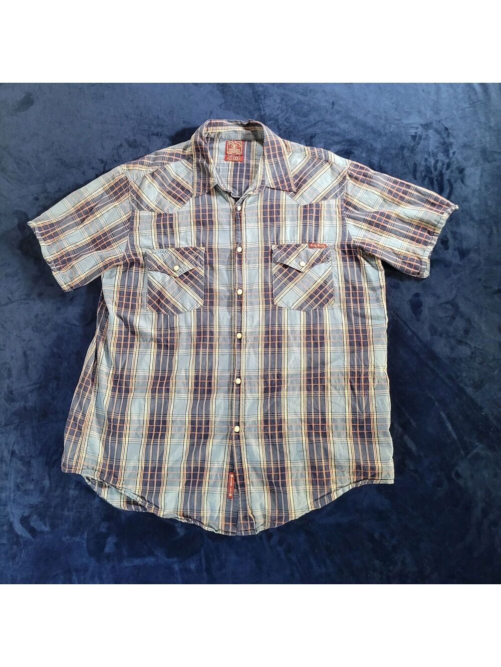 Lucky Brand Dungarees Western Shirt XL Blue Plaid Metallic Thread Pearl Snap